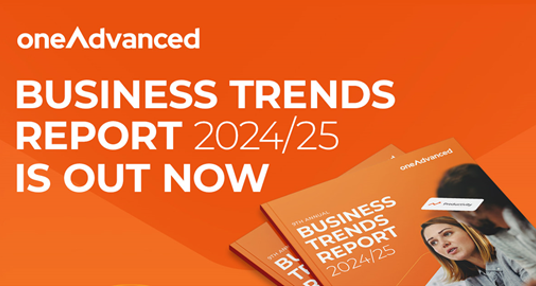 OneAdvanced business trends report poster on an orange background