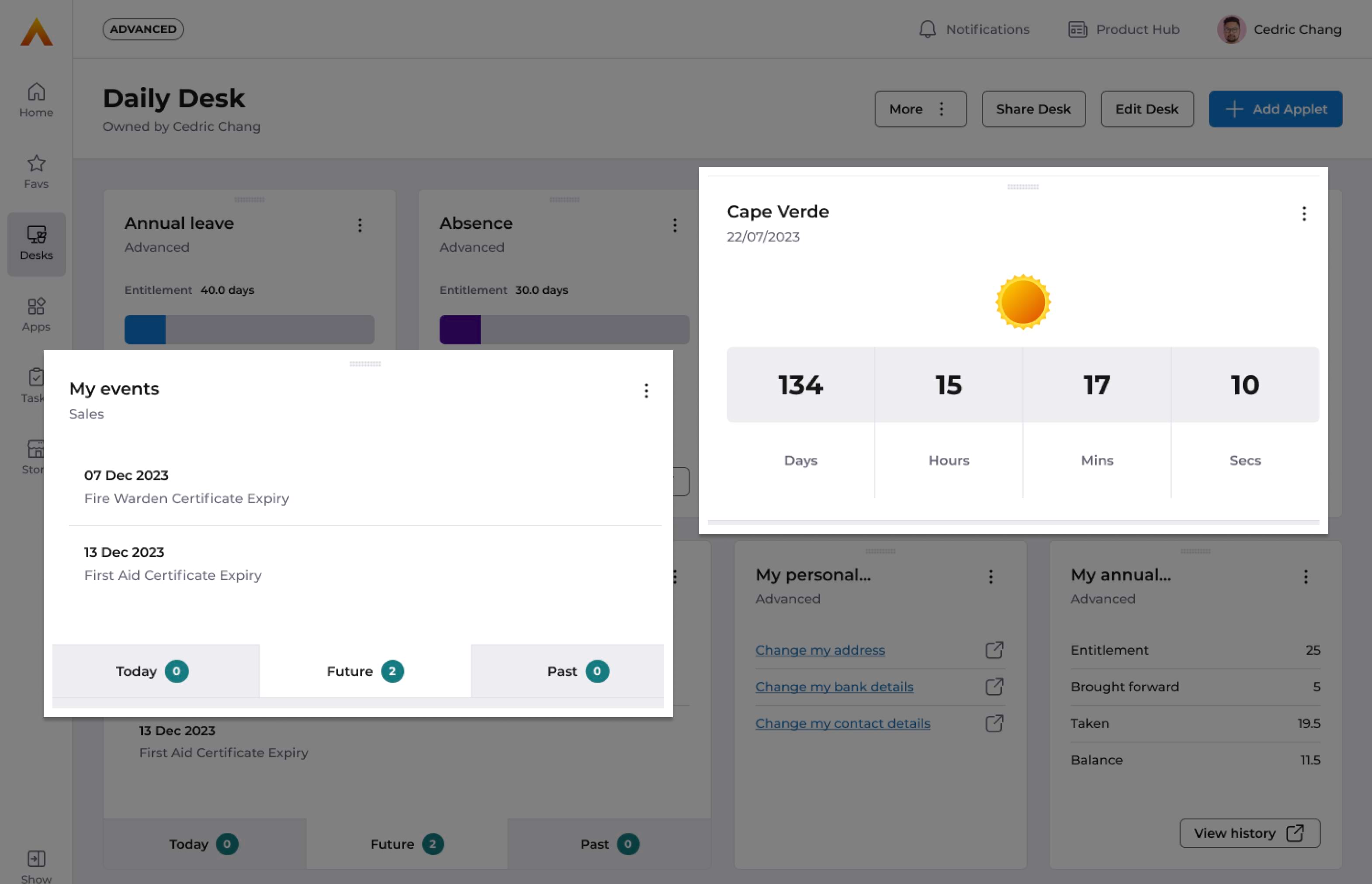 personalised desk feature on advancedhr