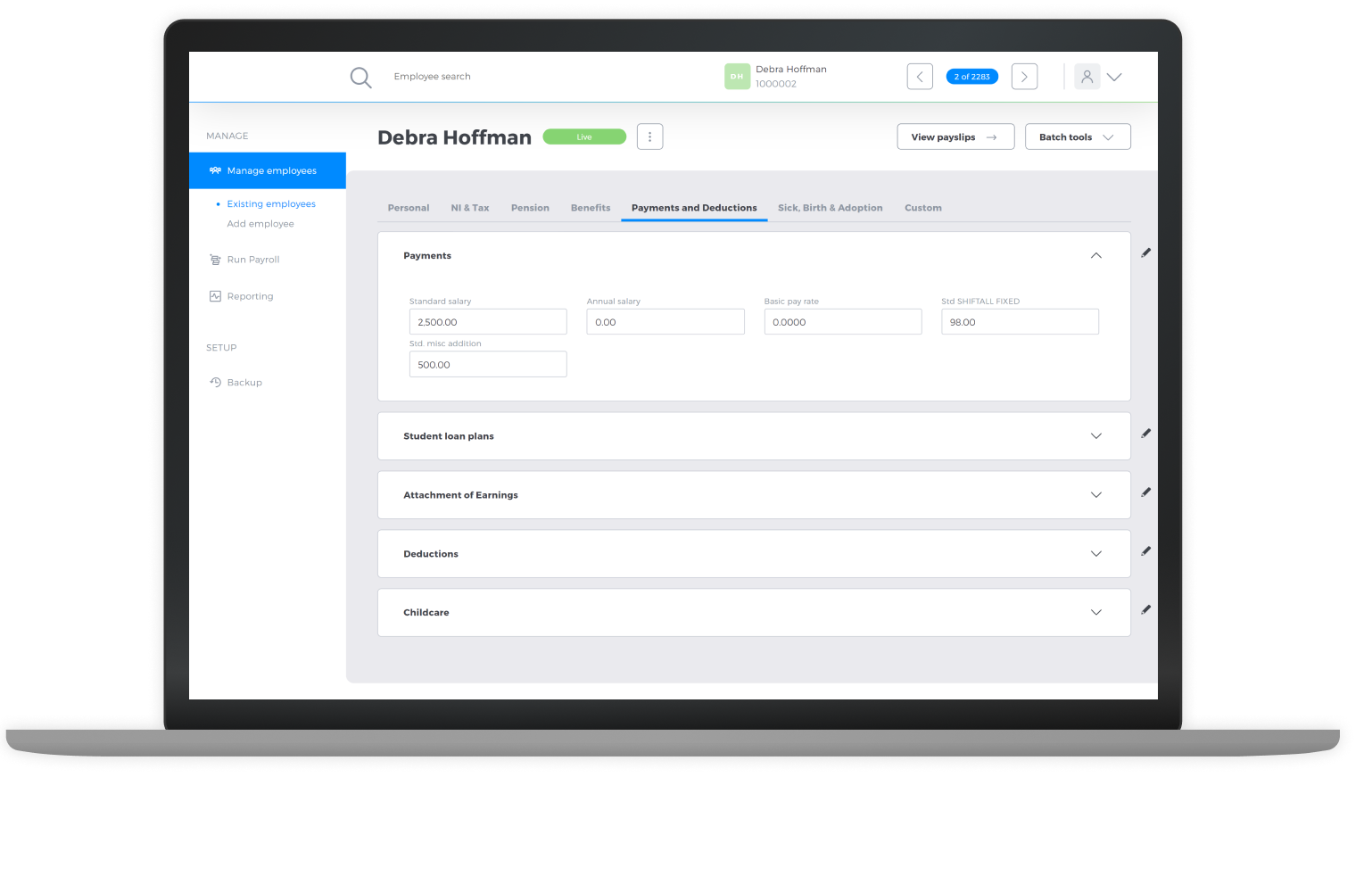Flexipay payroll software in use on laptop